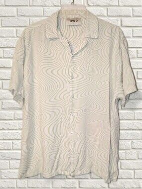 HWD Lime Green & White Wavy Trippy Psychedelic 70s Design Button Shirt Size L